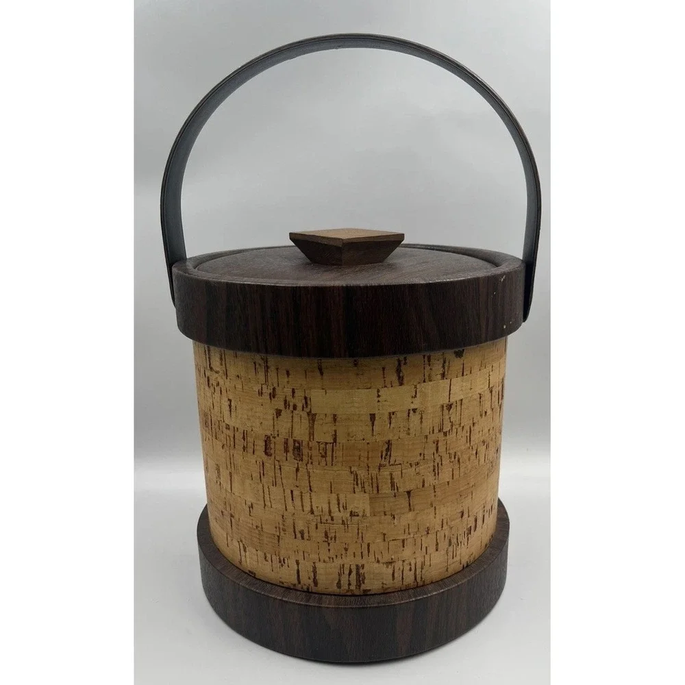 Vintage 1970s Cork Ice Bucket Faux Wood Grain MCM Barware Retro Decor